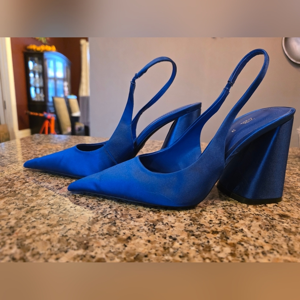 Zara Satin Pointed-Toe Slingback Heels in Royal Blue - Picture 3 of 6